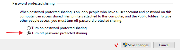 Pilih Turn off password protected sharing